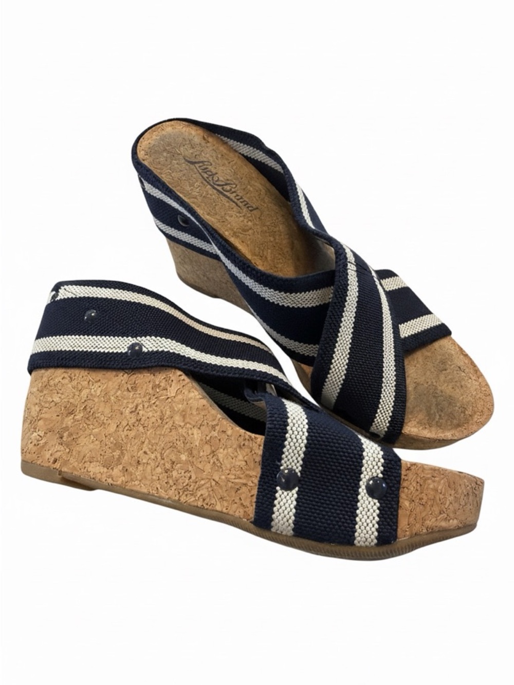 Lucky Brand Navy & White Striped Cork Wedge Slides